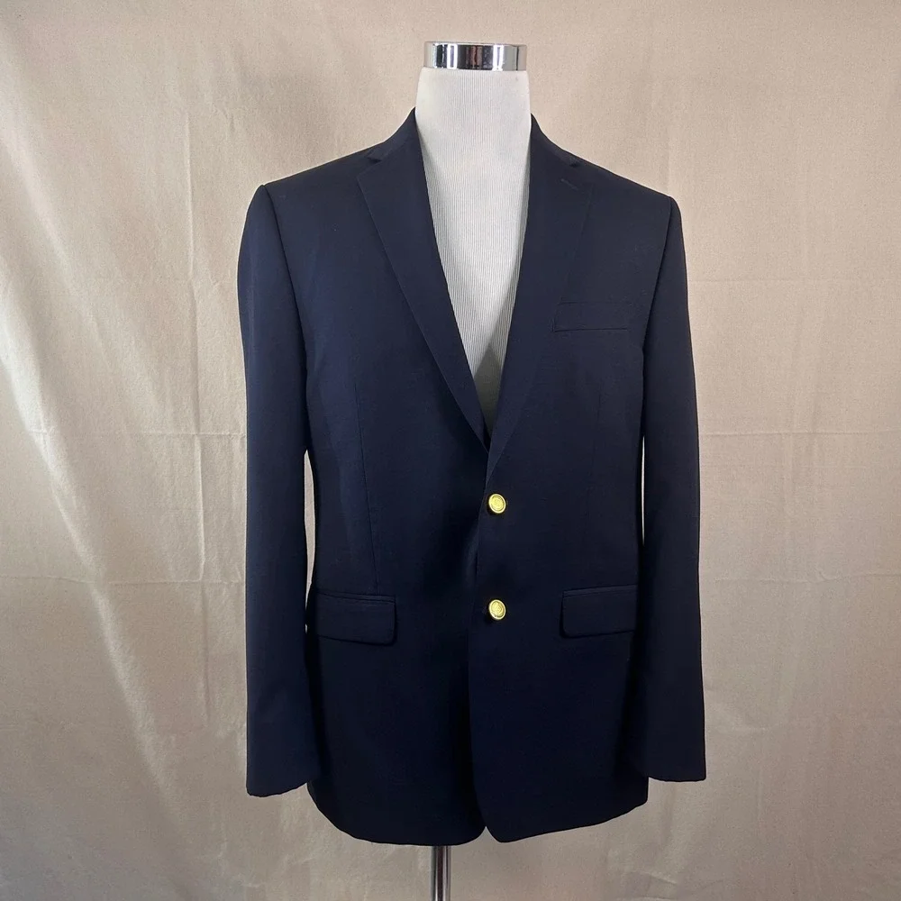 Chaps 42R Blazer Wool Blend Navy Blue Gold Two Button Lined Vented Formal